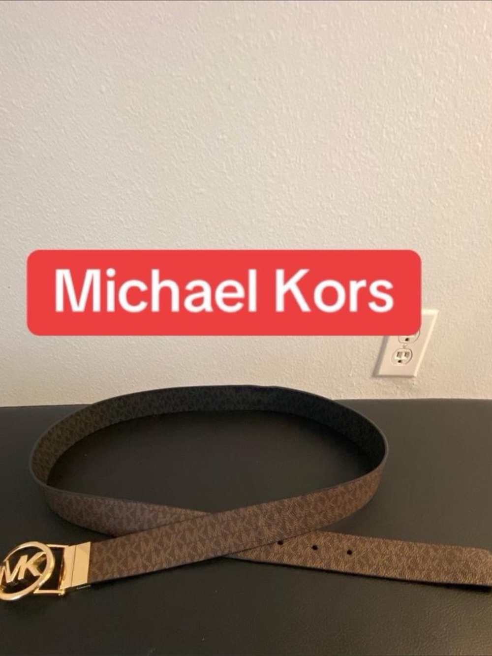 Michael Kors Brown Signature MK Logo Belt with Gold Buckle